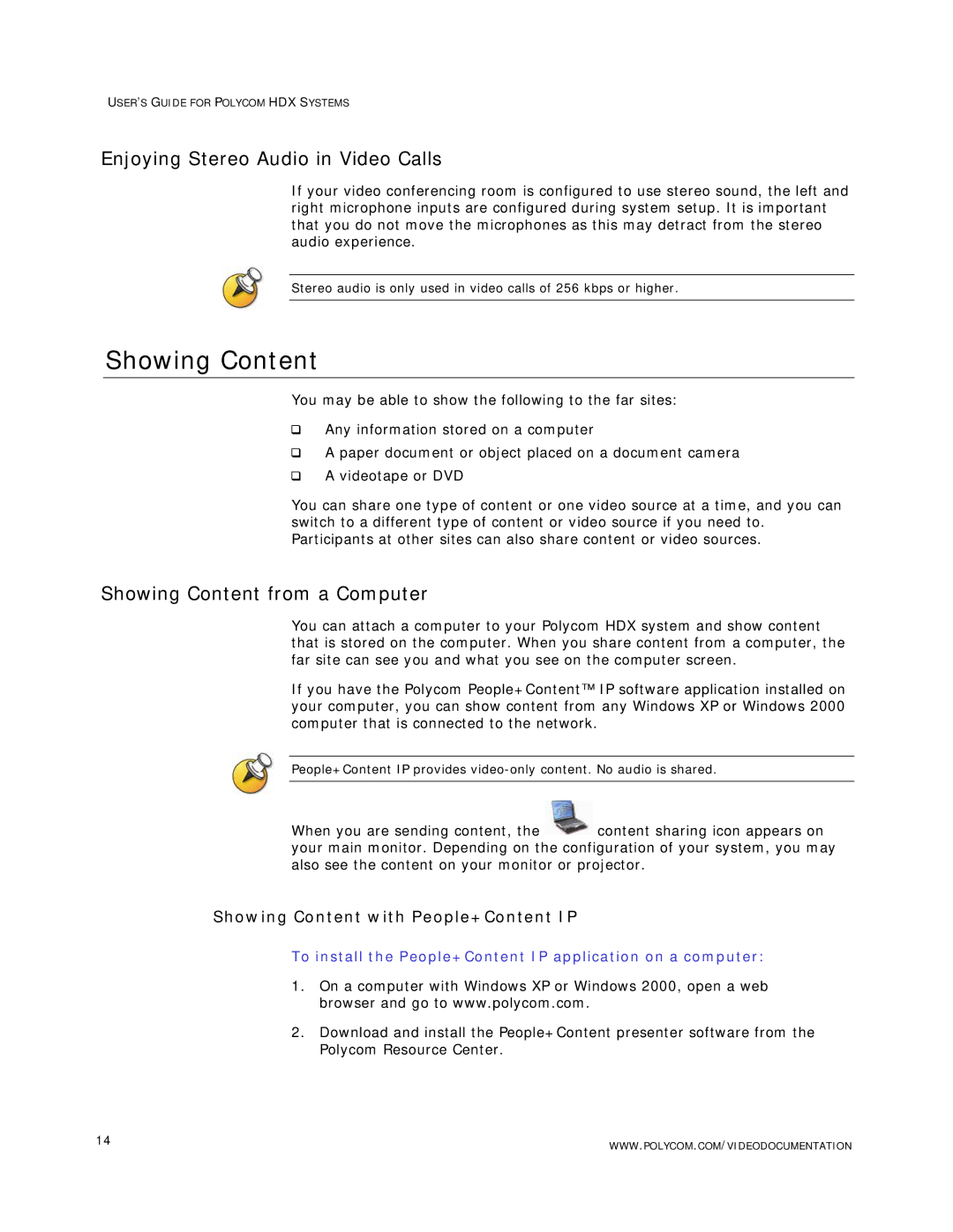 Polycom HDX Systems manual Enjoying Stereo Audio in Video Calls, Showing Content from a Computer 