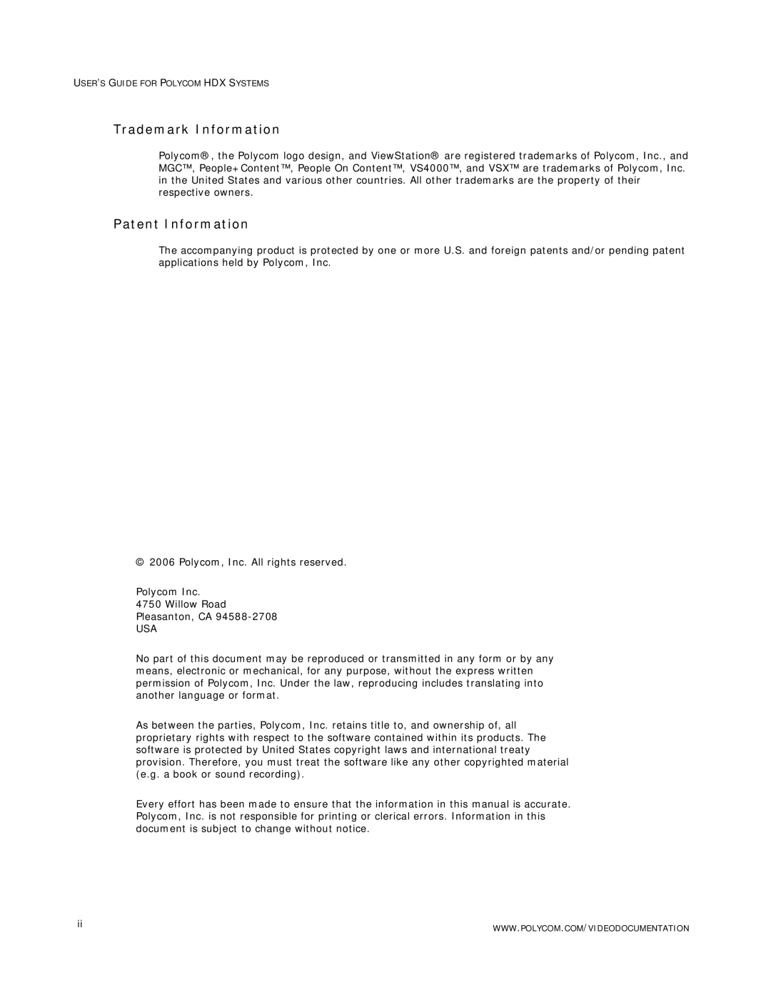 Polycom HDX Systems manual Trademark Information, Patent Information 