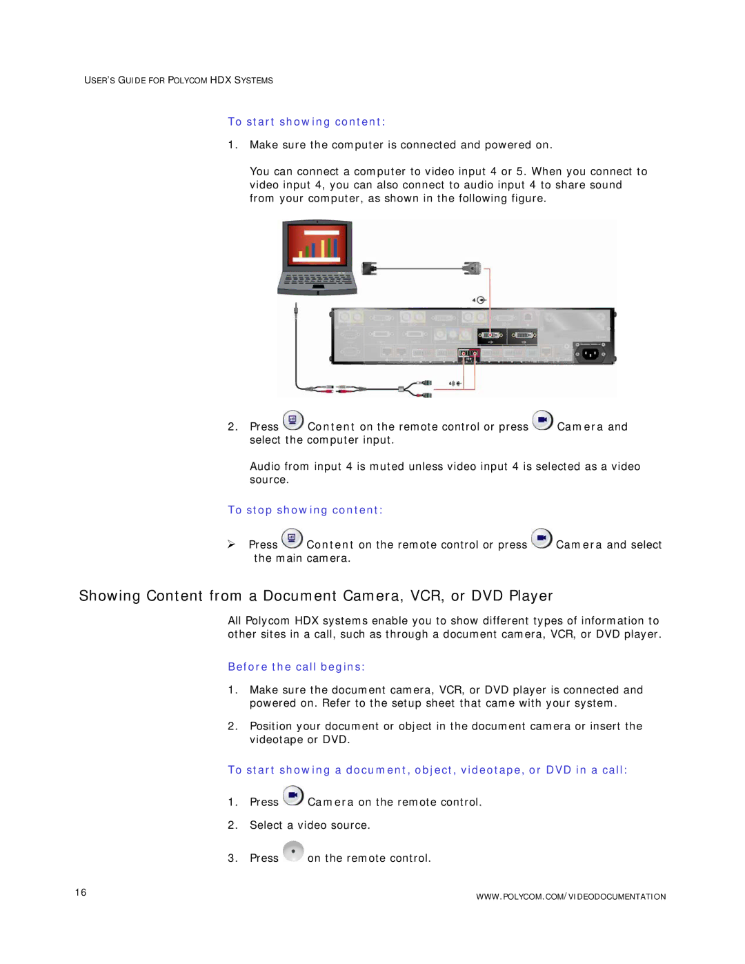 Polycom HDX Systems manual Showing Content from a Document Camera, VCR, or DVD Player, Before the call begins 