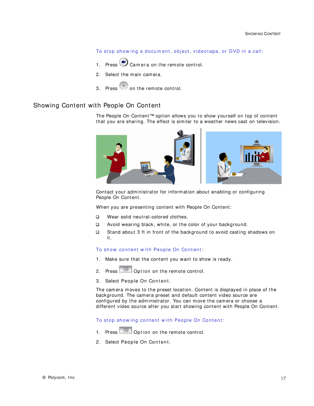 Polycom HDX Systems manual Showing Content with People On Content, To show content with People On Content 