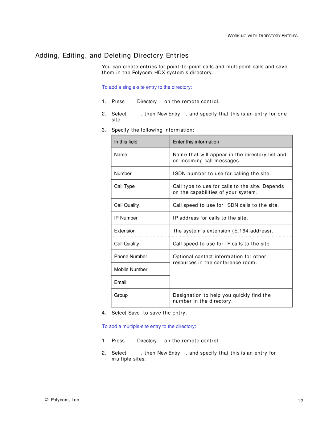 Polycom HDX Systems manual Adding, Editing, and Deleting Directory Entries, To add a single-site entry to the directory 