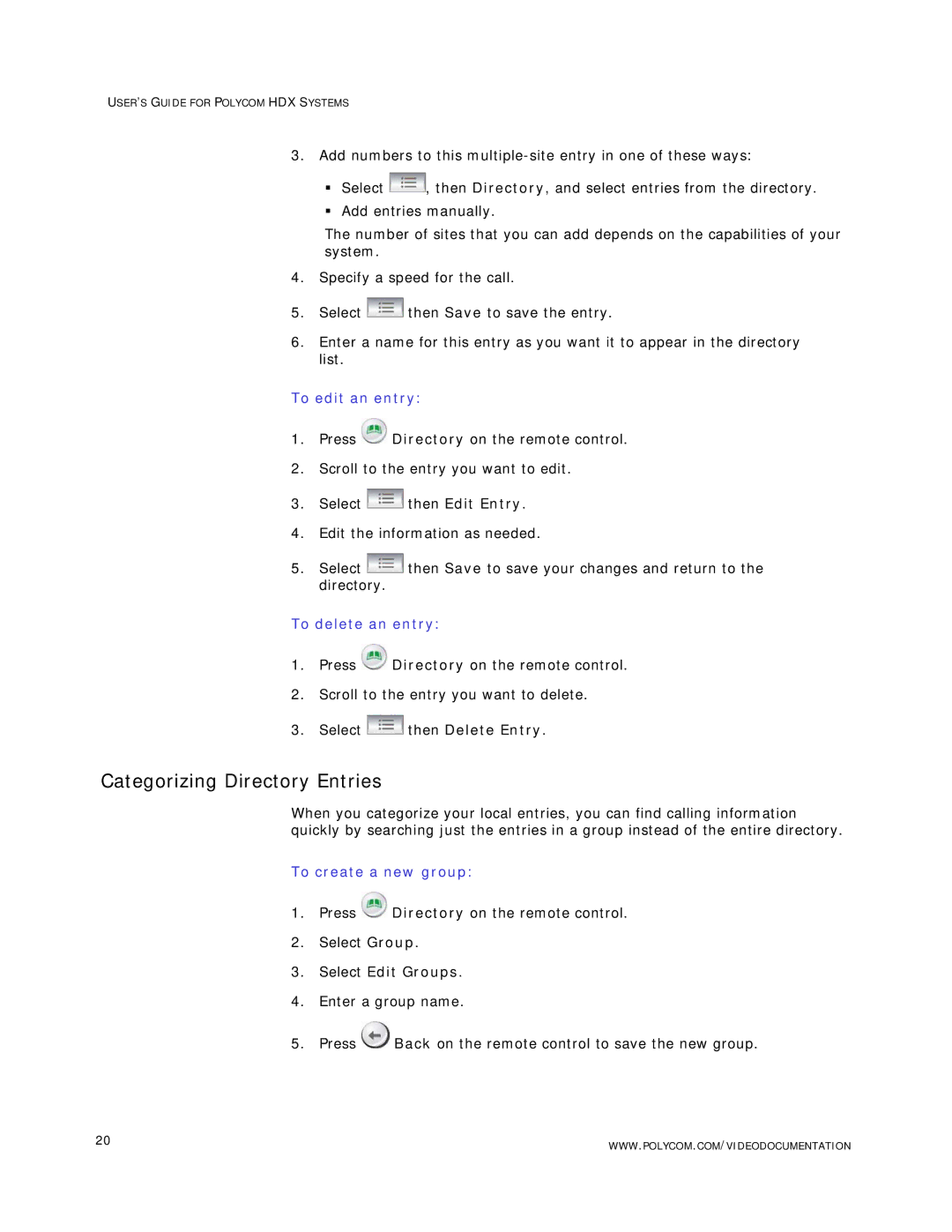 Polycom HDX Systems manual Categorizing Directory Entries, To edit an entry, To delete an entry, To create a new group 