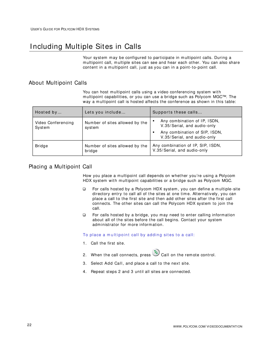 Polycom HDX Systems manual Including Multiple Sites in Calls, About Multipoint Calls, Placing a Multipoint Call 