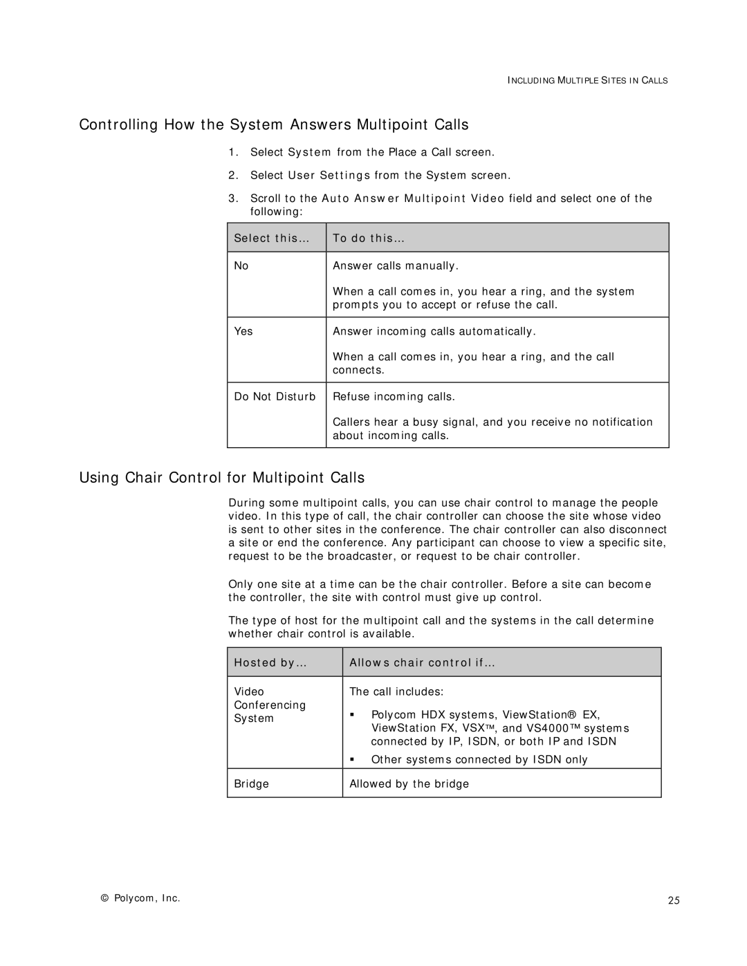 Polycom HDX Systems manual Controlling How the System Answers Multipoint Calls, Using Chair Control for Multipoint Calls 