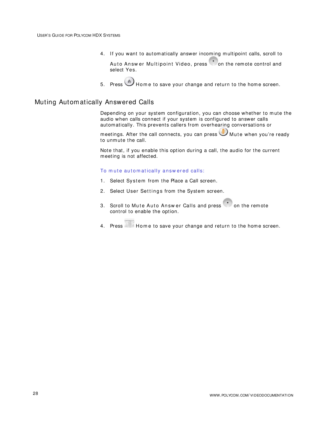 Polycom HDX Systems manual Muting Automatically Answered Calls, To mute automatically answered calls 