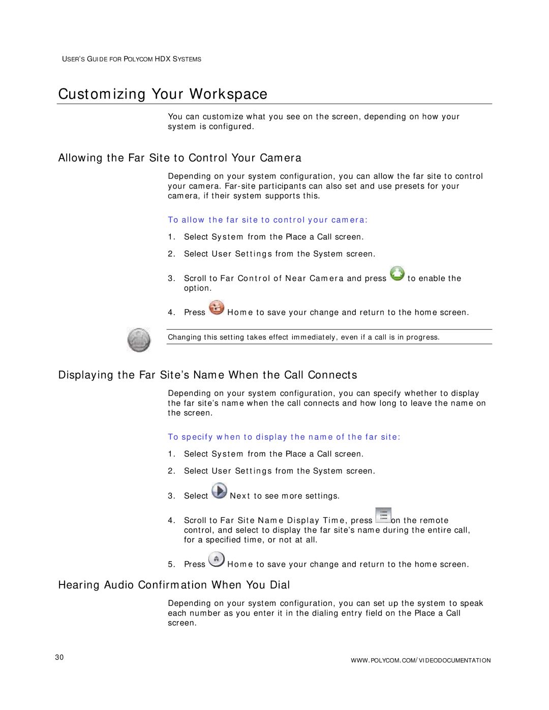 Polycom HDX Systems manual Customizing Your Workspace, Allowing the Far Site to Control Your Camera 