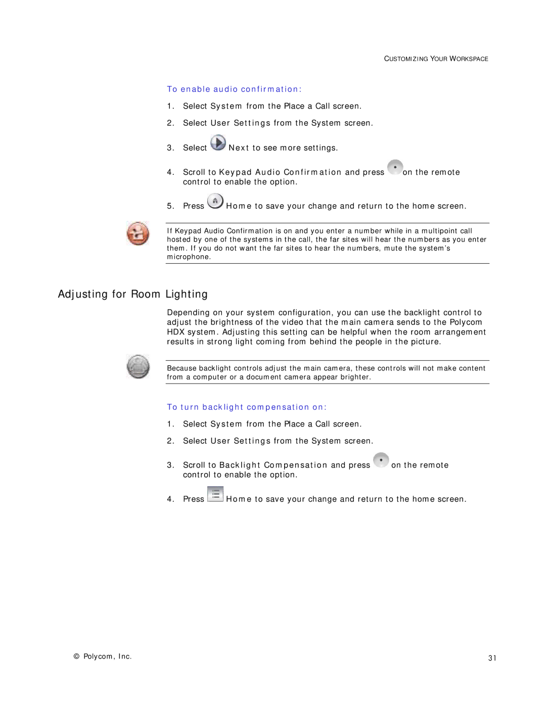 Polycom HDX Systems manual Adjusting for Room Lighting, To enable audio confirmation, To turn backlight compensation on 