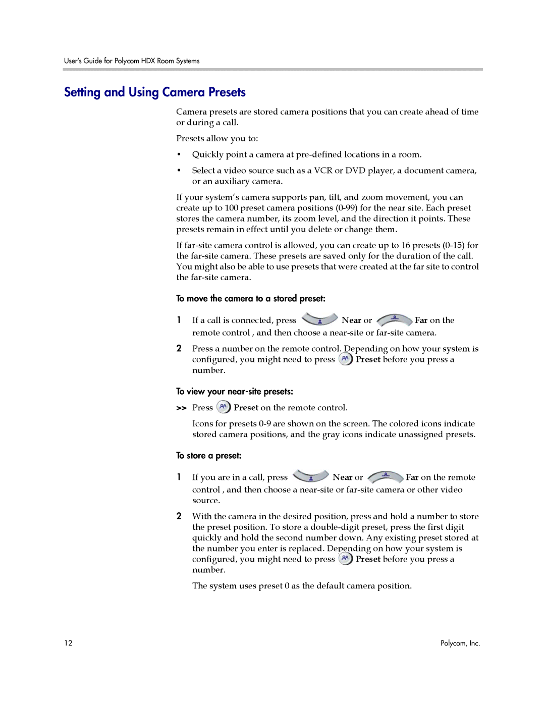 Polycom HDX manual Setting and Using Camera Presets 