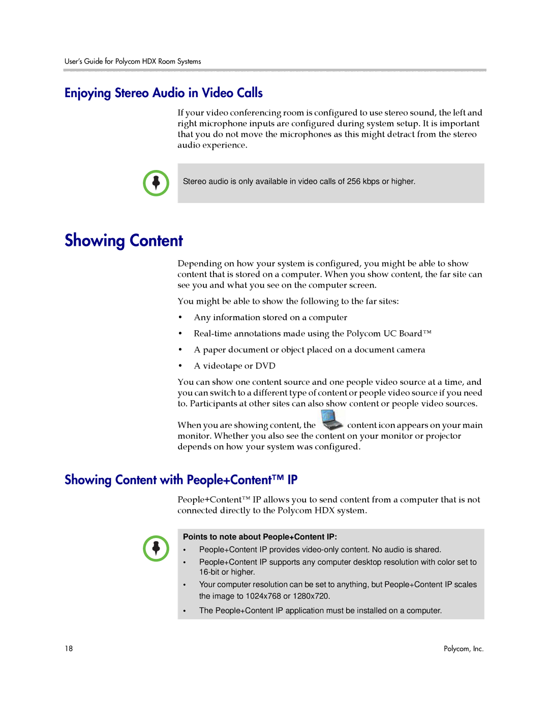 Polycom HDX manual Enjoying Stereo Audio in Video Calls, Showing Content with People+Content IP 