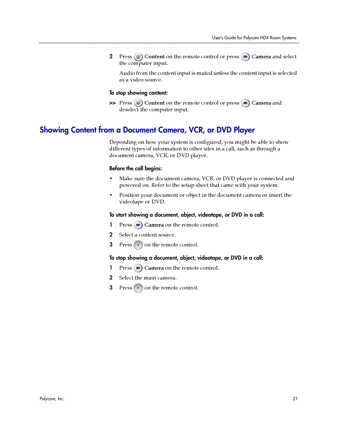 Polycom HDX manual Showing Content from a Document Camera, VCR, or DVD Player 