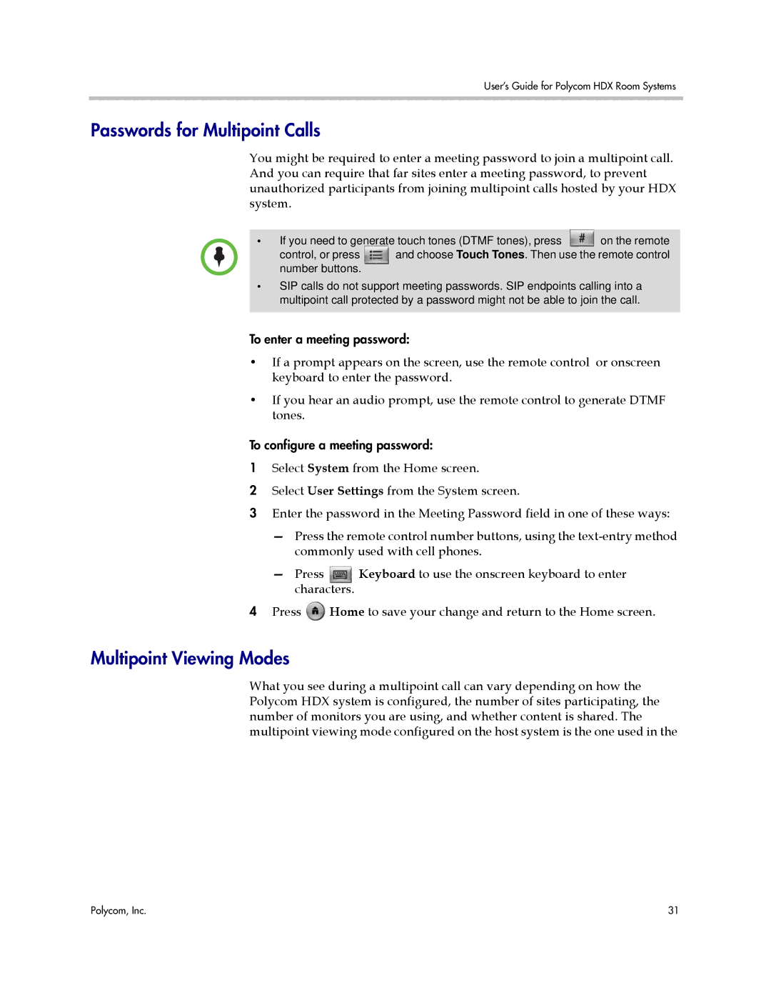 Polycom HDX manual Passwords for Multipoint Calls, Multipoint Viewing Modes 