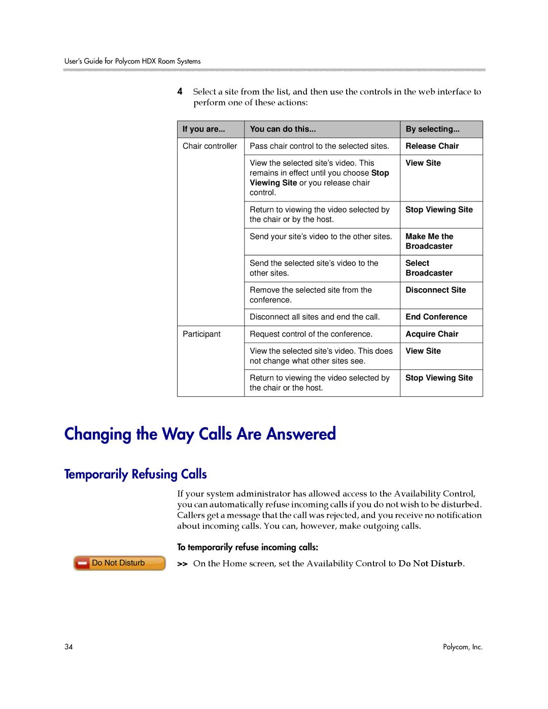 Polycom HDX manual Changing the Way Calls Are Answered, Temporarily Refusing Calls 