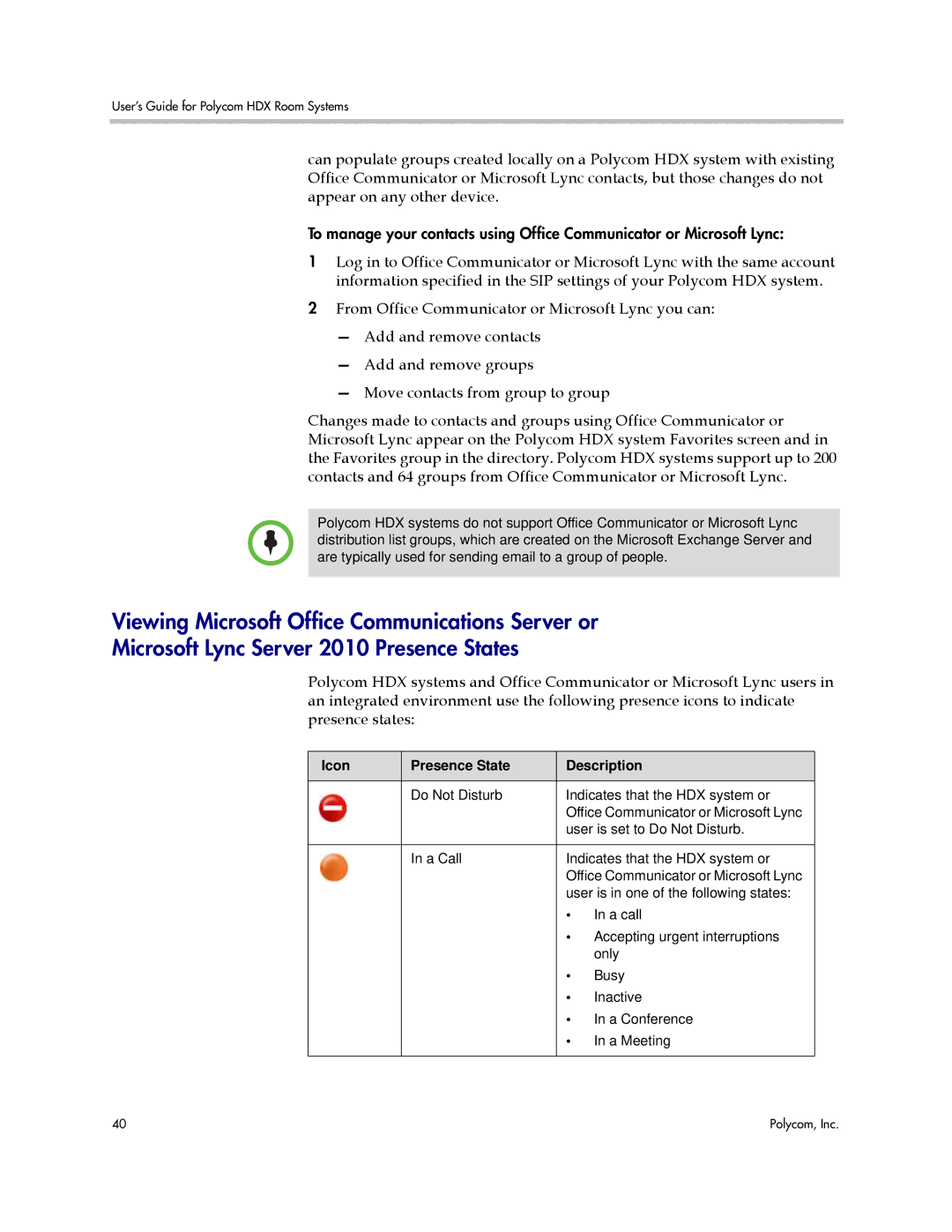 Polycom HDX manual Icon Presence State Description 