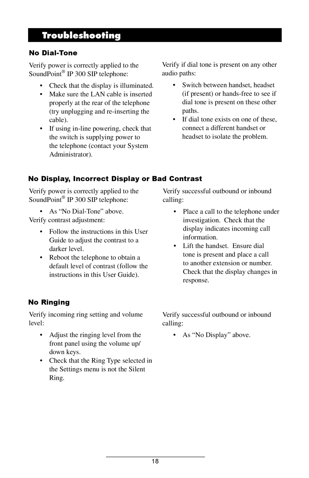 Polycom IP 300 SIP manual Troubleshooting, No Dial-Tone, No Display, Incorrect Display or Bad Contrast, No Ringing 