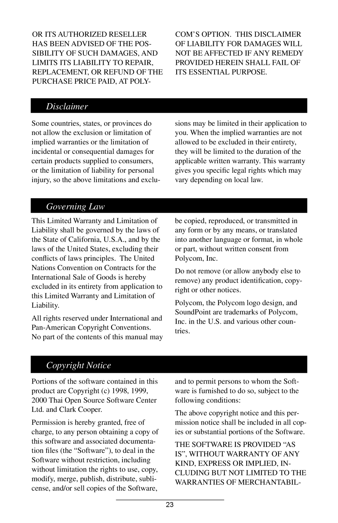 Polycom IP 300 SIP manual Disclaimer, Governing Law, Copyright Notice 