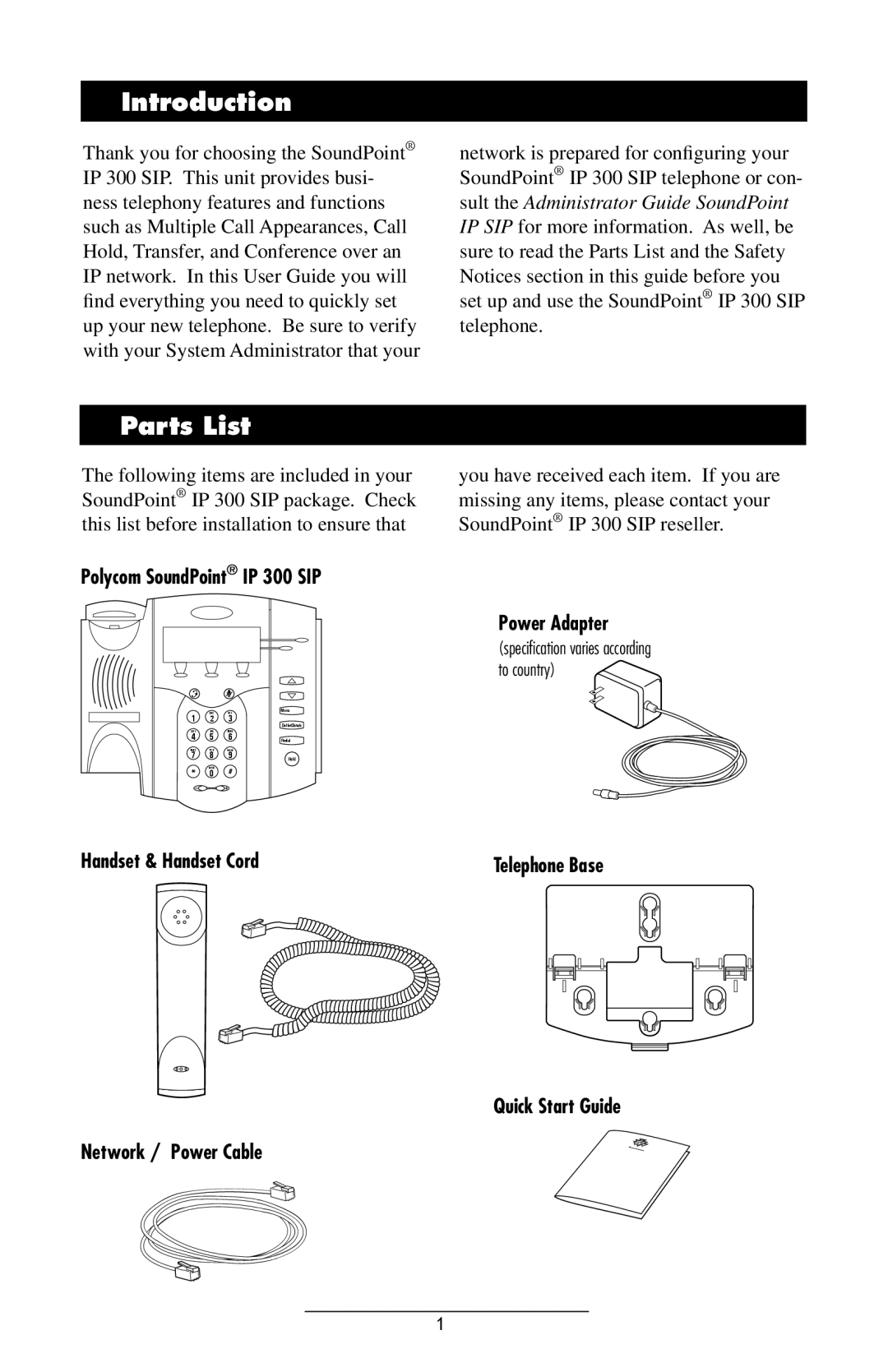 Polycom IP 300 SIP manual Introduction, Parts List 