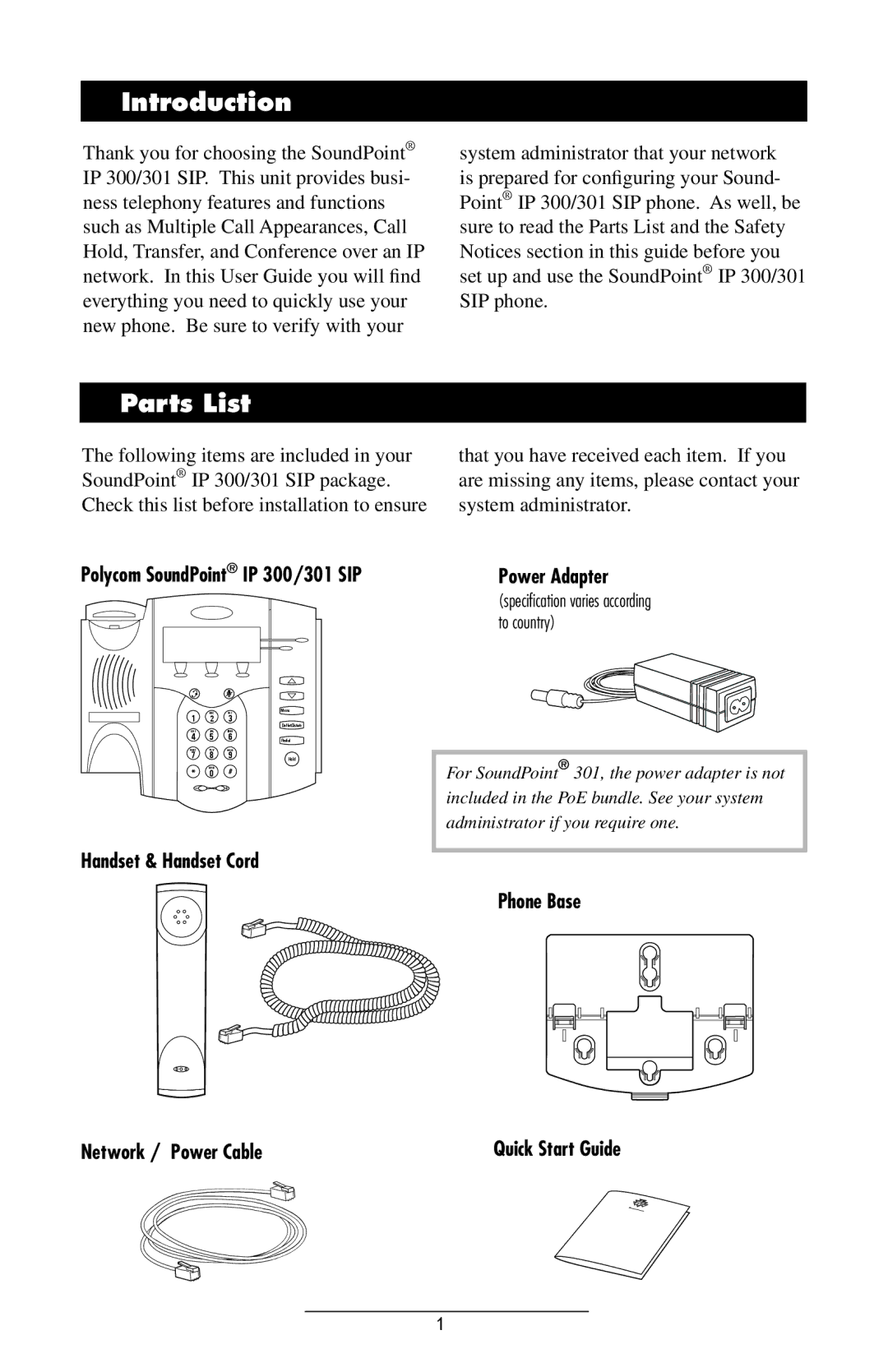 Polycom manual Introduction, Parts List, Polycom SoundPoint IP 300/301 SIP, Phone Base Quick Start Guide 