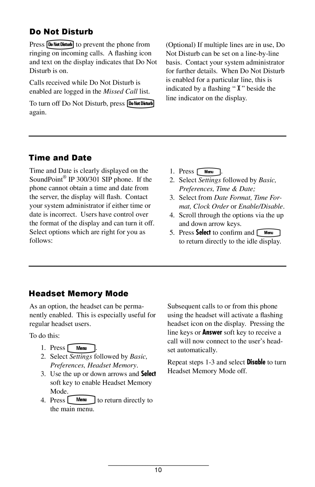 Polycom IP 300 manual Do Not Disturb, Time and Date, Headset Memory Mode 