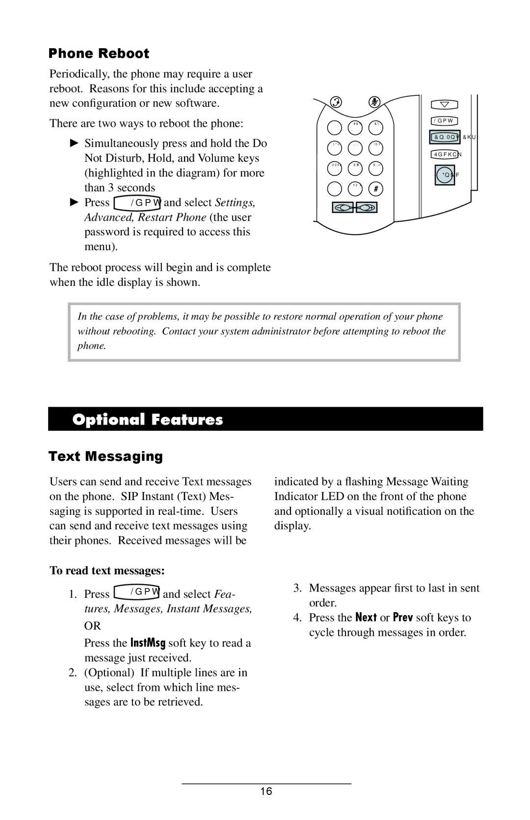 Polycom IP 300 Optional Features, Phone Reboot, Text Messaging, To read text messages, Tures, Messages, Instant Messages 