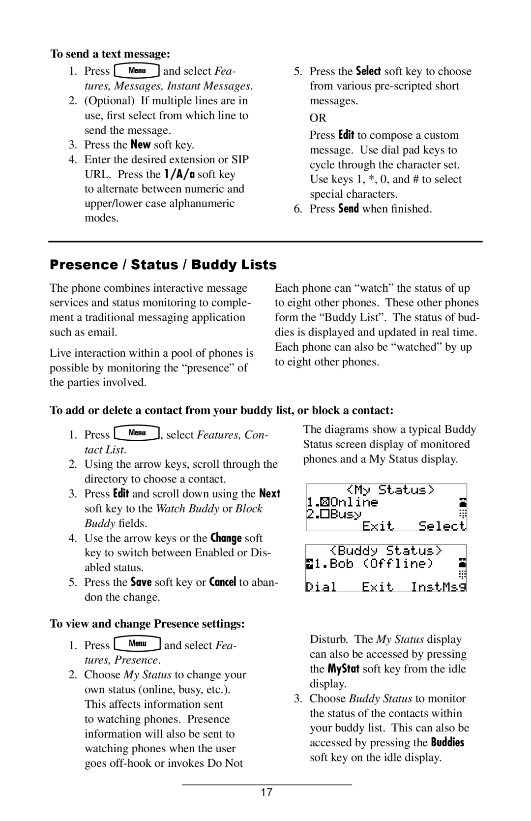 Polycom IP 300 manual Presence / Status / Buddy Lists, To send a text message, To view and change Presence settings 