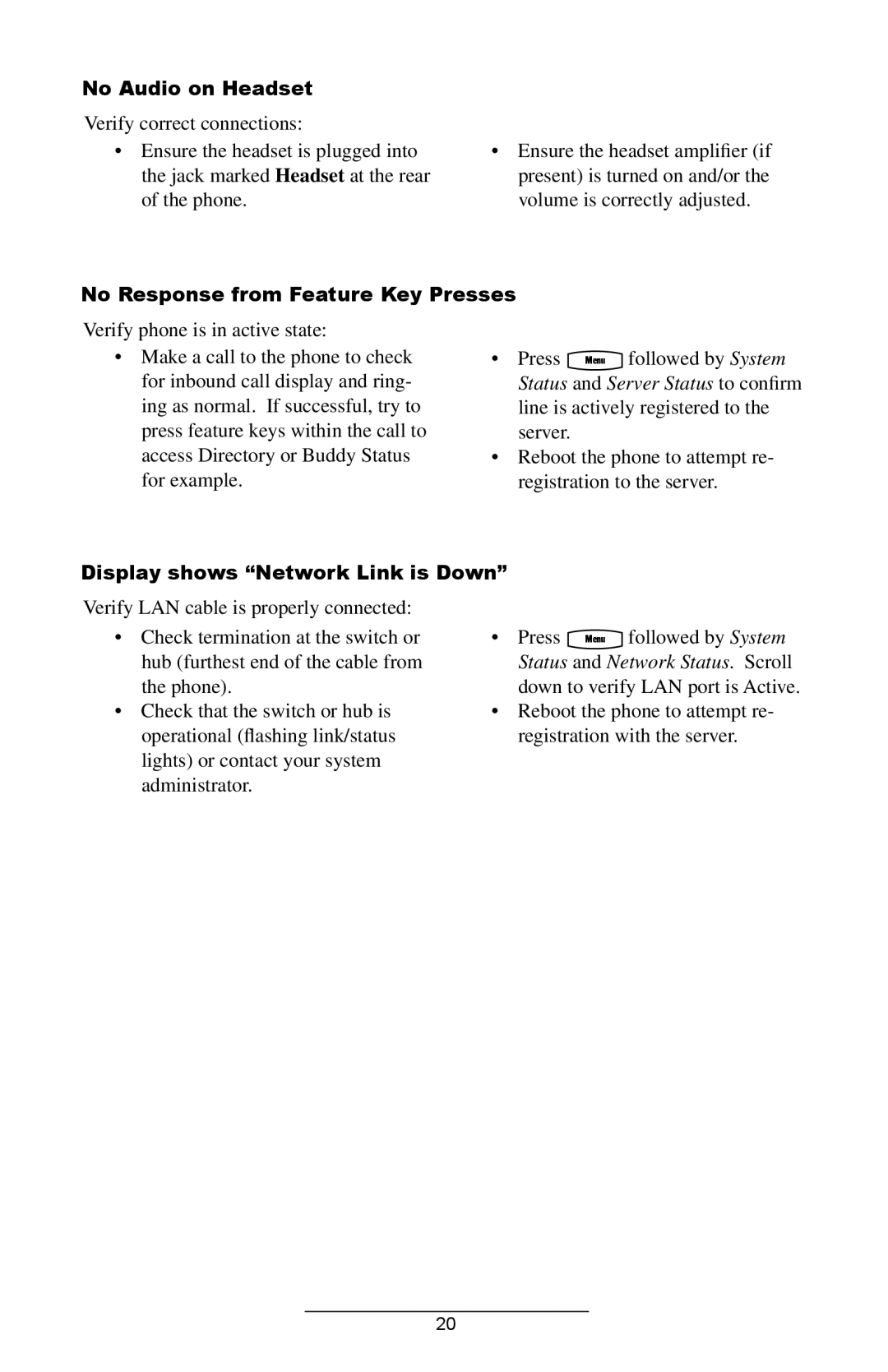 Polycom IP 300 manual No Audio on Headset, No Response from Feature Key Presses, Display shows Network Link is Down 