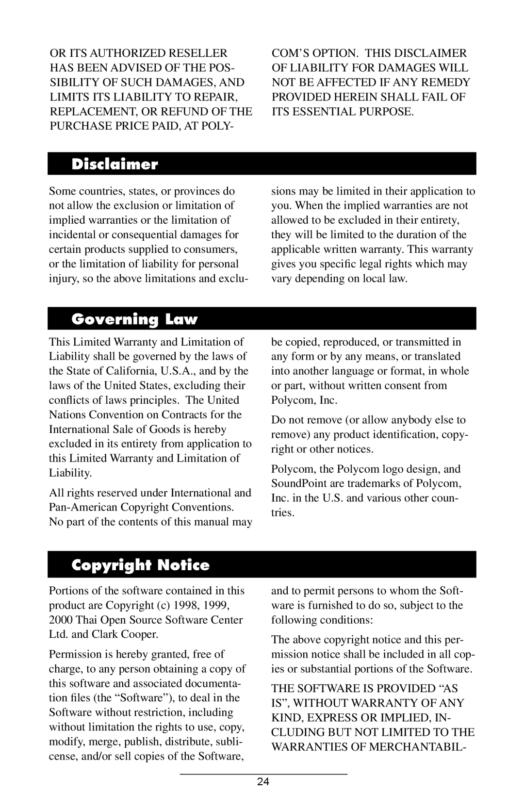 Polycom IP 300 manual Disclaimer, Governing Law, Copyright Notice 