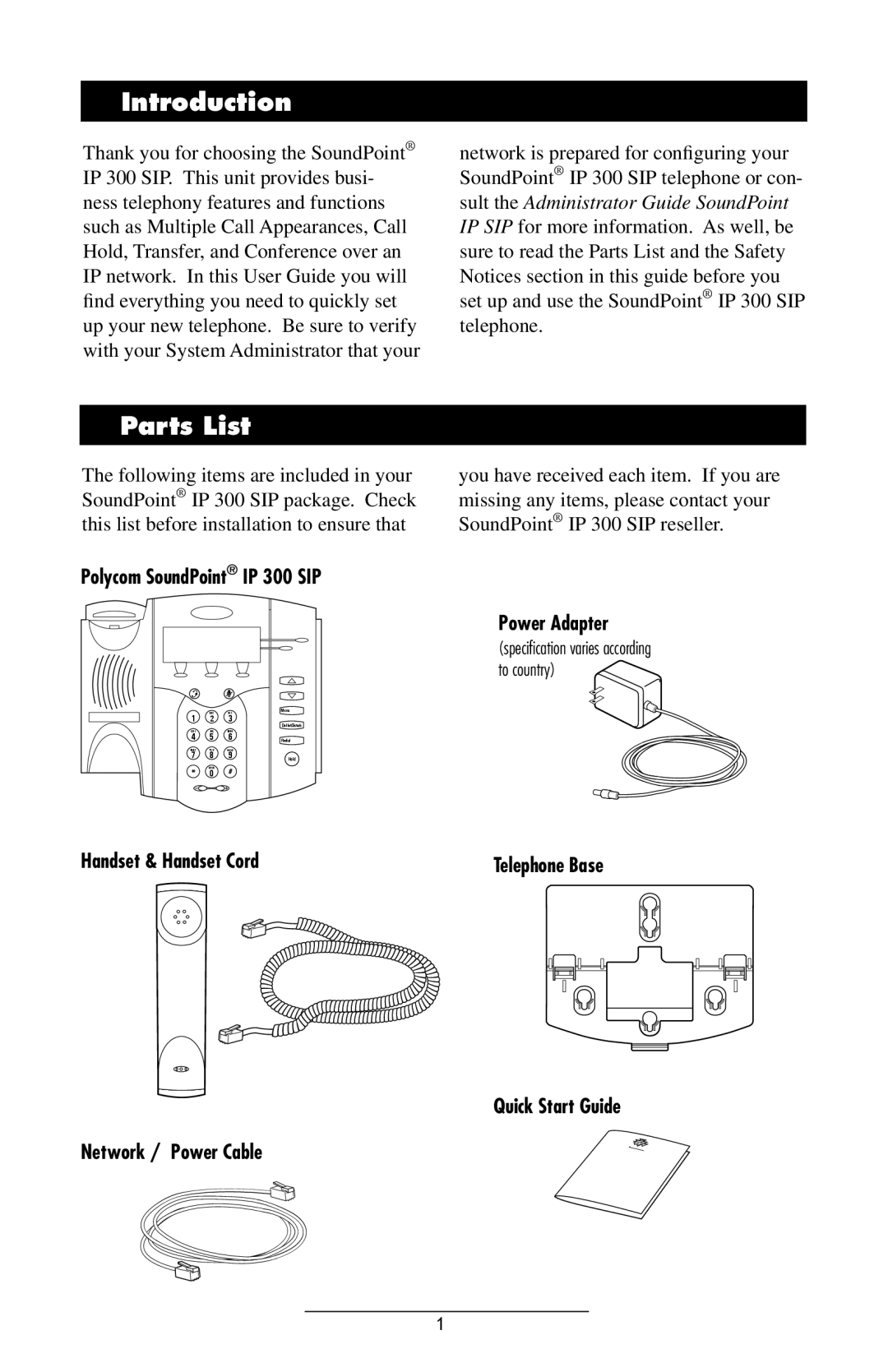 Polycom IP 300 manual Introduction, Parts List 