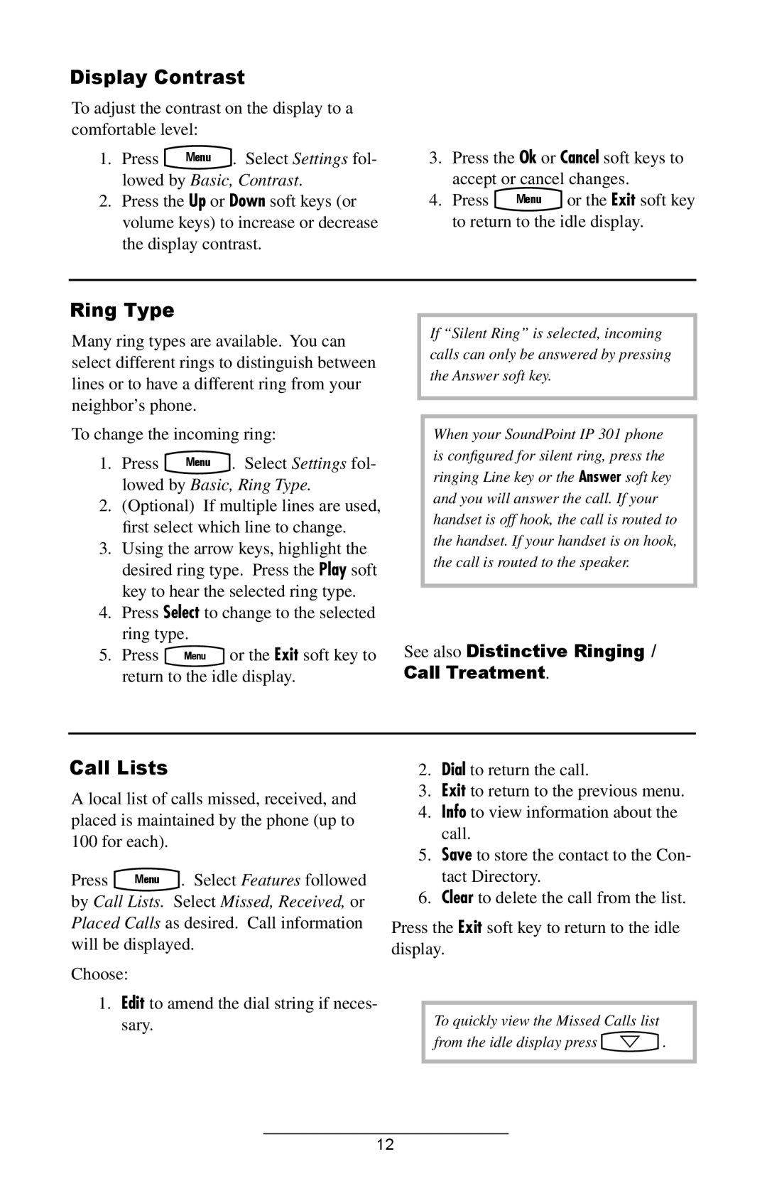 Polycom IP 301 SIP manual Display Contrast, Ring Type, Call Lists, See also Distinctive Ringing / Call Treatment 