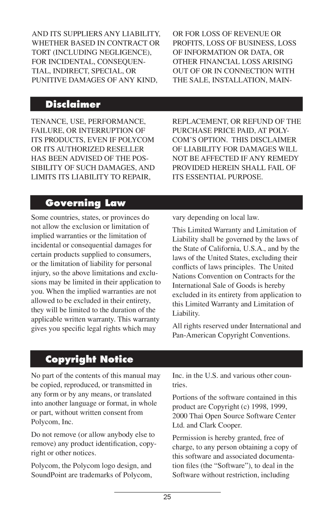 Polycom IP 301 SIP manual Disclaimer, Governing Law, Copyright Notice 