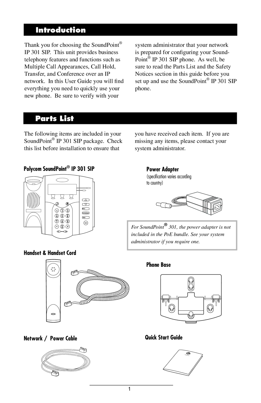 Polycom manual Introduction, Parts List, Polycom SoundPoint IP 301 SIP, Phone Base Quick Start Guide 