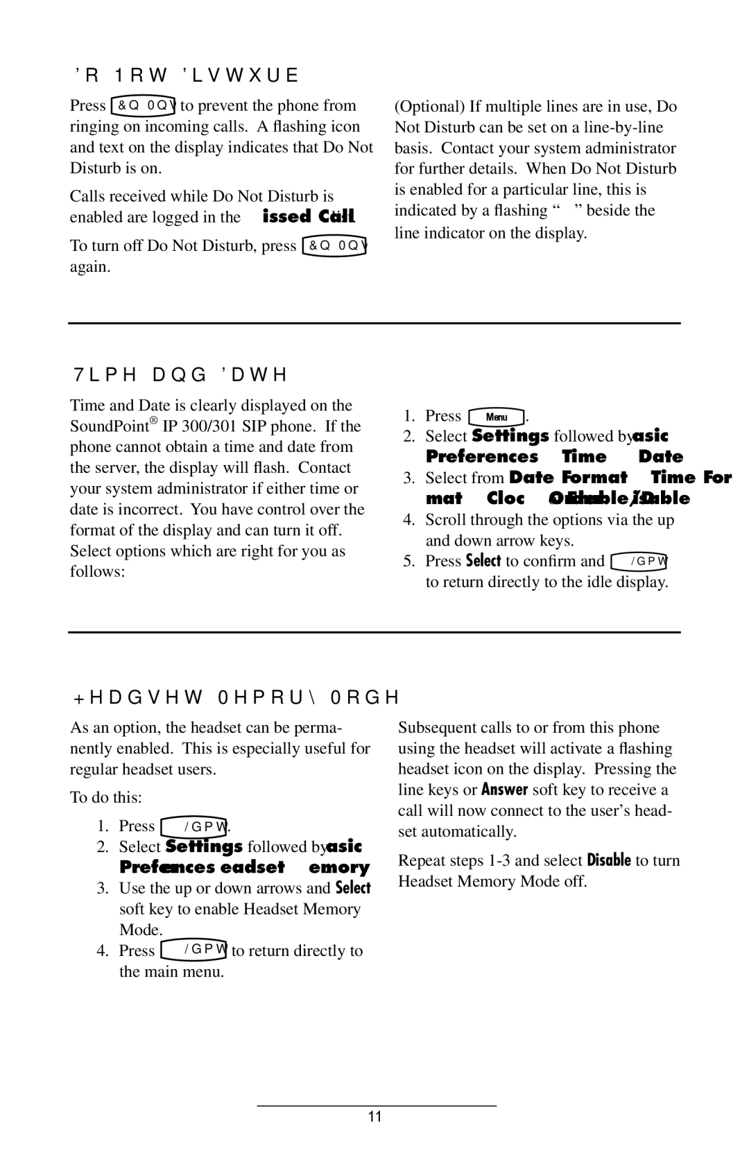 Polycom IP 301 manual Do Not Disturb, Time and Date, Headset Memory Mode 