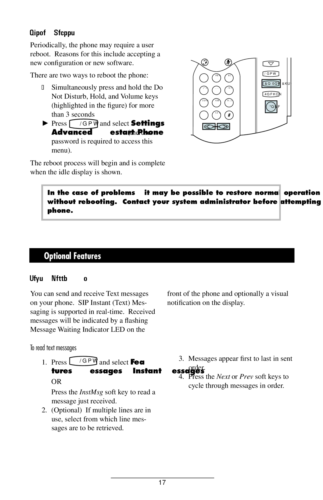 Polycom IP 301 Optional Features, Phone Reboot, Text Messaging, To read text messages, Tures, Messages, Instant Messages 