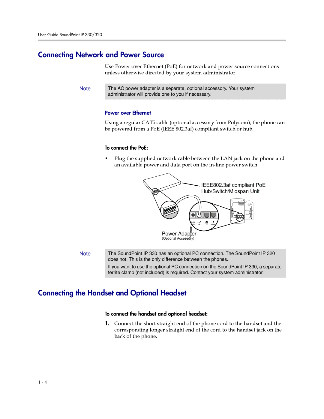 Polycom IP 320, IP 330 manual Connecting Network and Power Source, Connecting the Handset and Optional Headset 