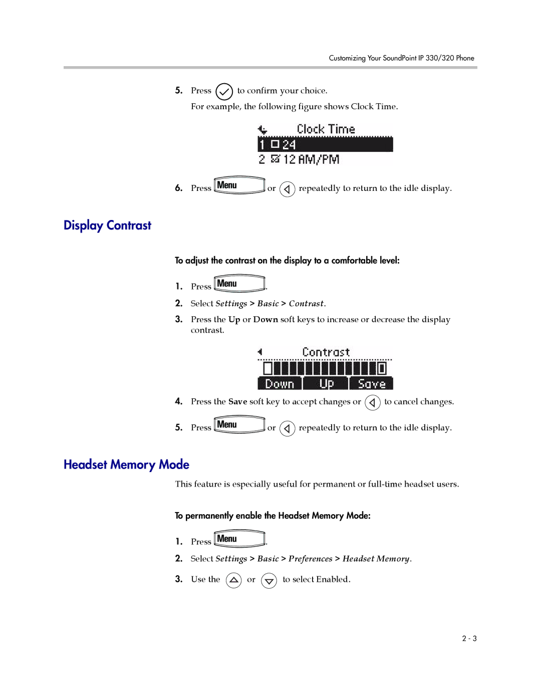 Polycom IP 330, IP 320 manual Display Contrast, Headset Memory Mode, Select Settings Basic Contrast 