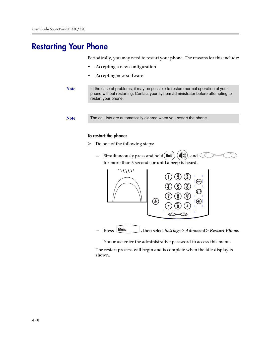 Polycom IP 320, IP 330 manual Restarting Your Phone, Press , then select Settings Advanced Restart Phone 