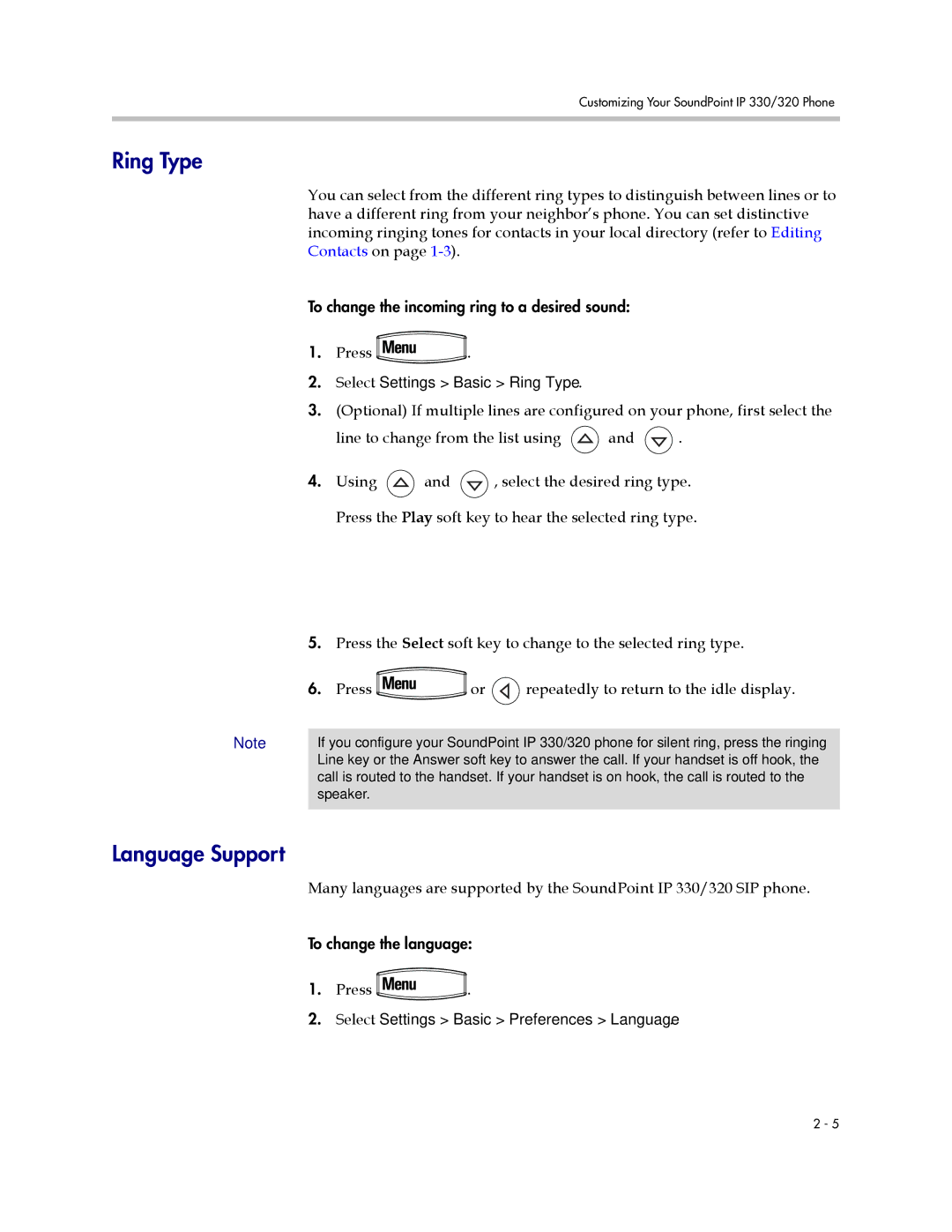 Polycom IP 330, IP 320 Language Support, Select Settings Basic Ring Type, Select Settings Basic Preferences Language 