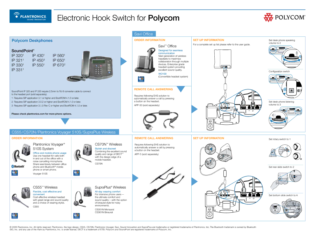 Polycom IP 3210 manual Savi Office, Plantronics Voyager 510S System, CS70N Wireless, CS55 Wireless, SupraPlus Wireless 