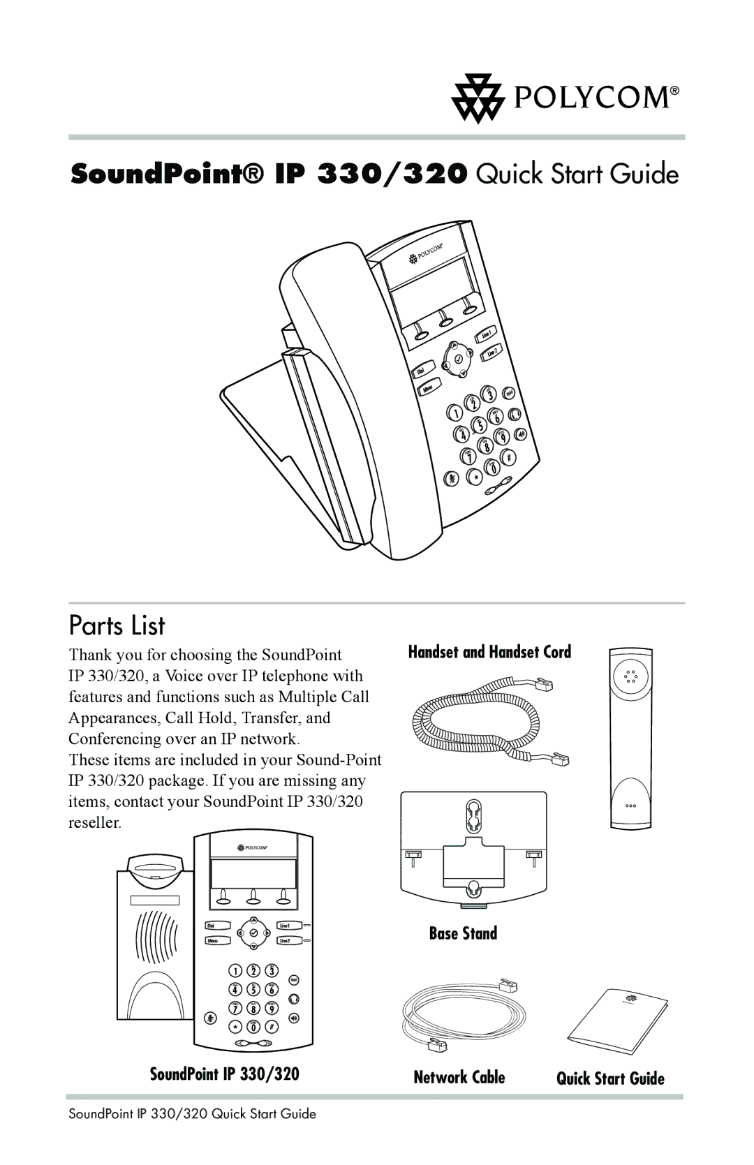 Polycom quick start SoundPoint IP 330/320 Quick Start Guide, Parts List 