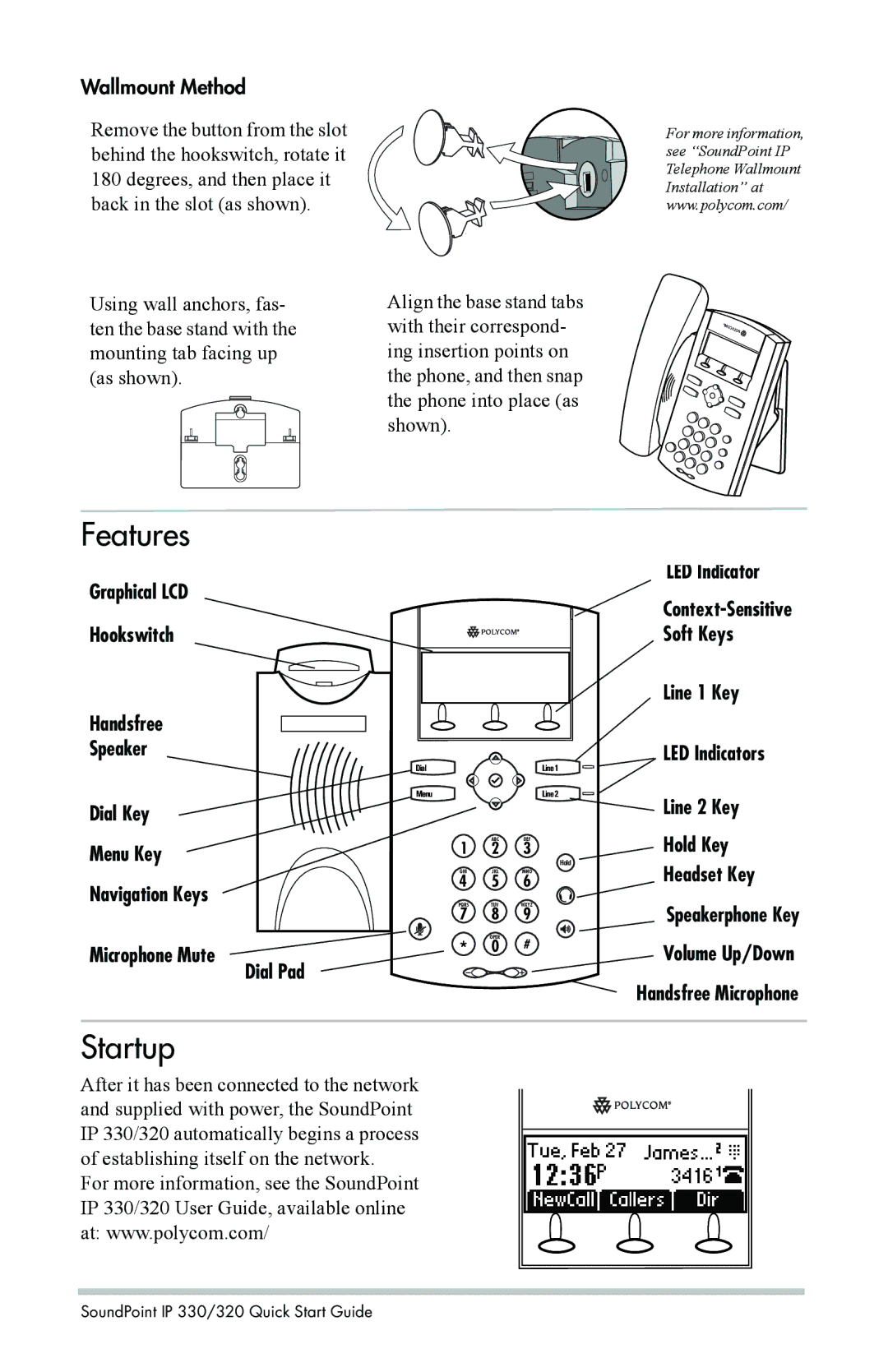 Polycom IP 330/320 quick start Features, Startup, Wallmount Method 