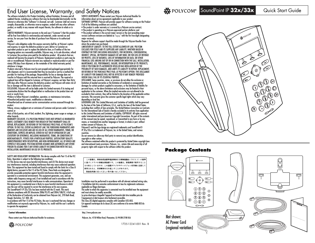 Polycom IP 321, IP 335 quick start End User License, Warranty, and Safety Notices, SoundPoint IP 32x/33x Quick Start Guide 