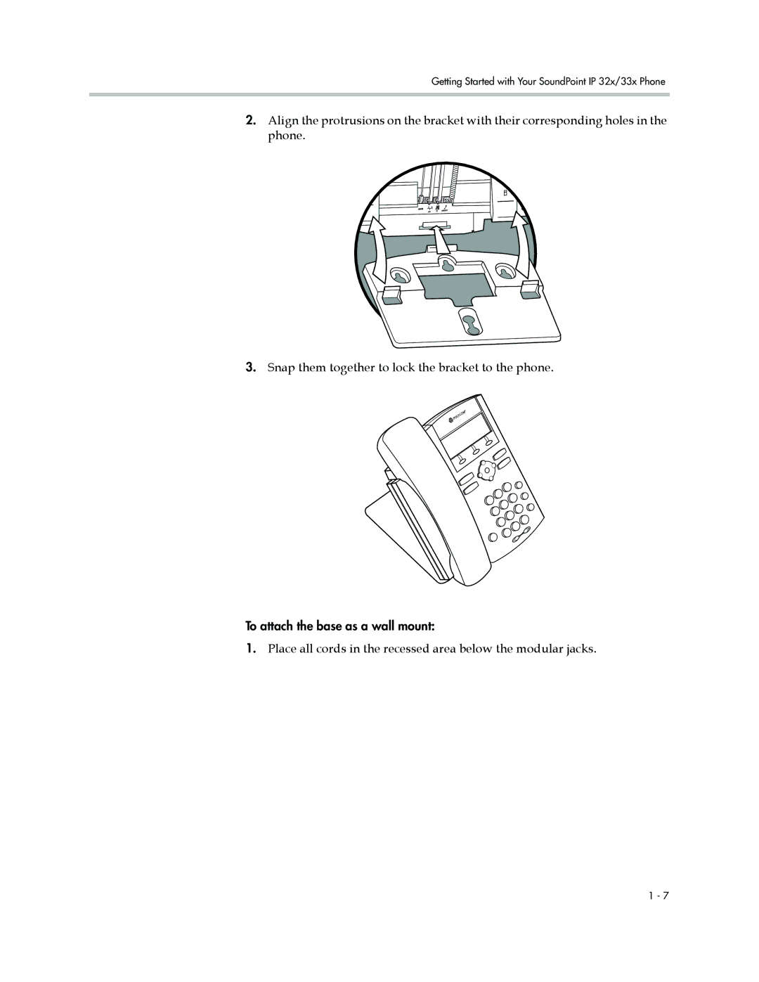 Polycom IP 32x, IP 33x manual Place all cords in the recessed area below the modular jacks 