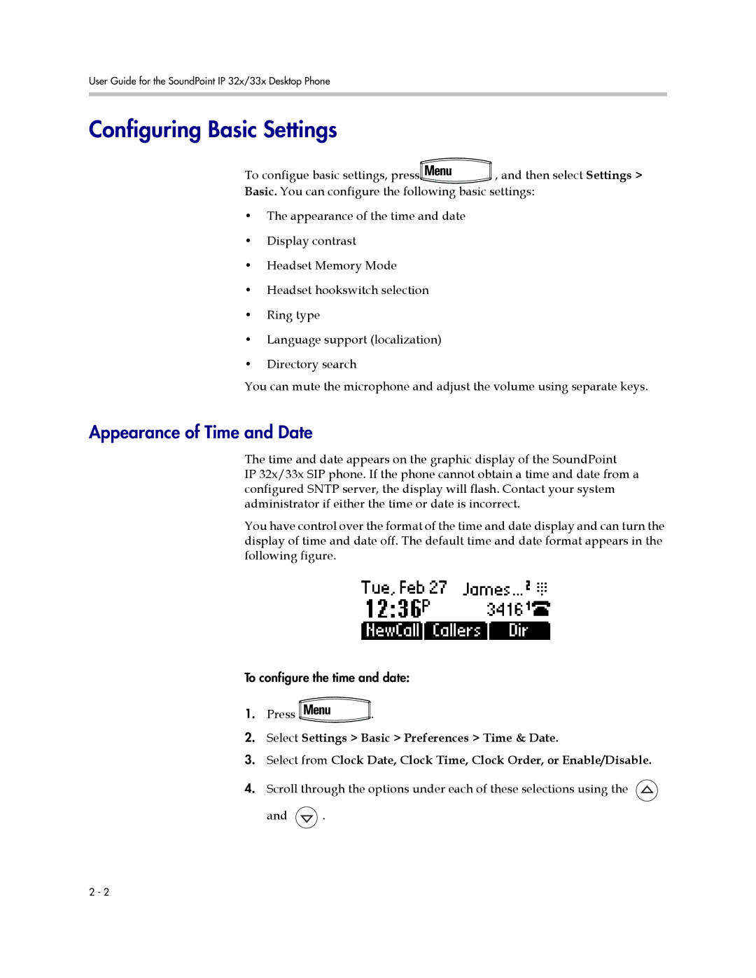 Polycom IP 33x, IP 32x manual Configuring Basic Settings, Appearance of Time and Date 