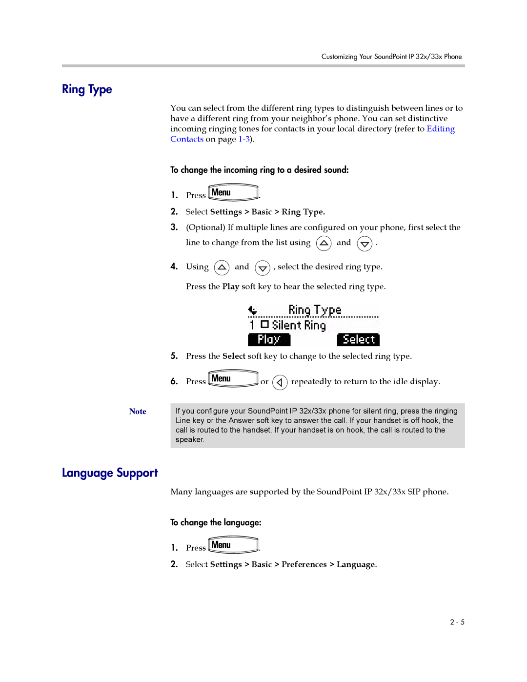 Polycom IP 32x, IP 33x Language Support, Select Settings Basic Ring Type, Select Settings Basic Preferences Language 