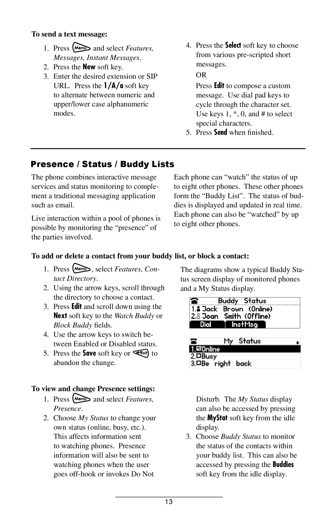 Polycom IP 4000 SIP 1.6 Presence / Status / Buddy Lists, To send a text message, To view and change Presence settings 