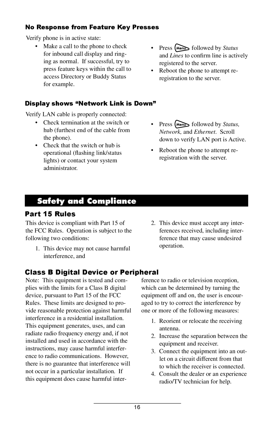 Polycom IP 4000 SIP 1.6 Safety and Compliance, Class B Digital Device or Peripheral, No Response from Feature Key Presses 