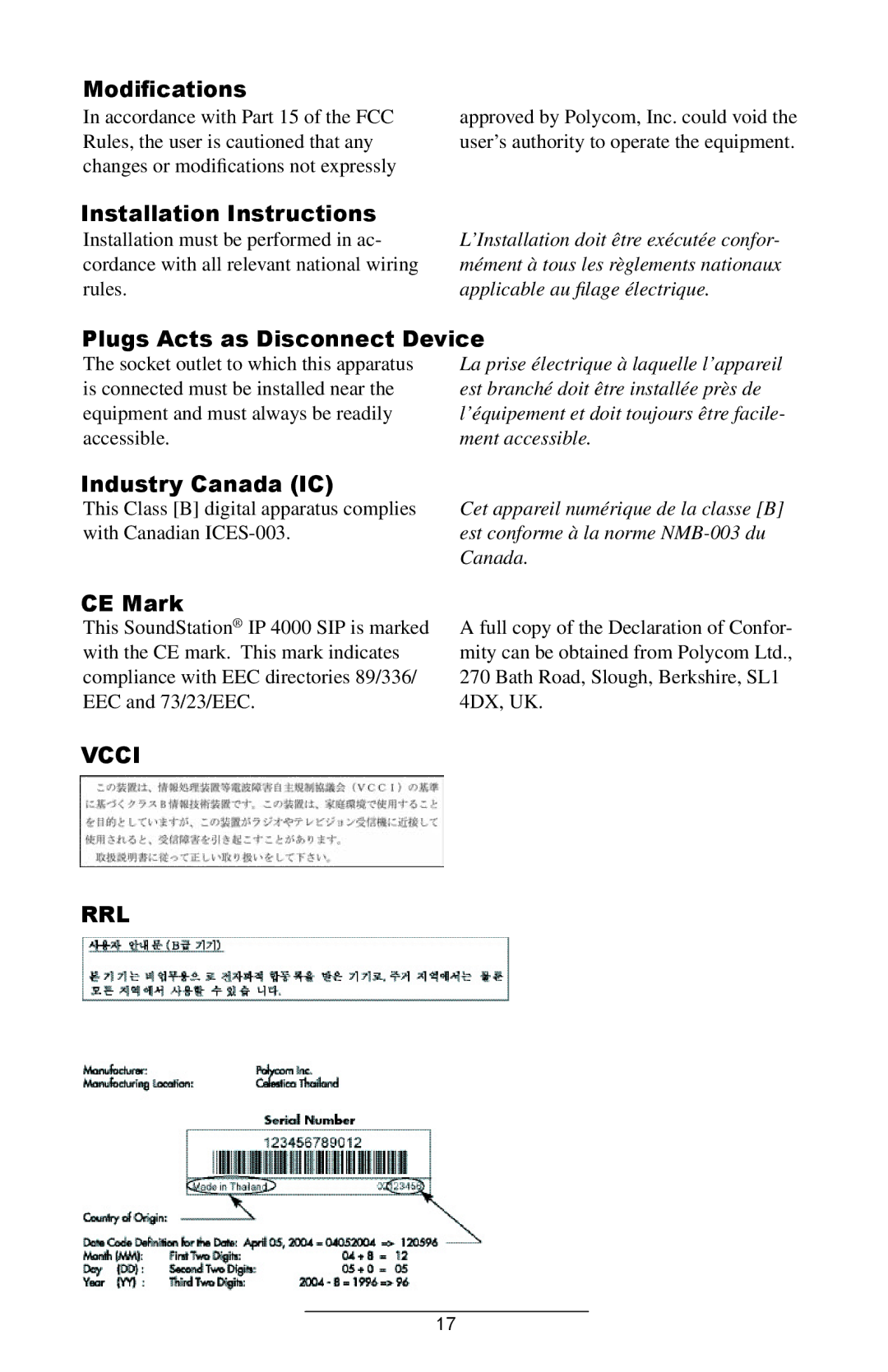 Polycom IP 4000 SIP 1.6 manual Modiﬁcations, Installation Instructions, Plugs Acts as Disconnect Device, Industry Canada IC 