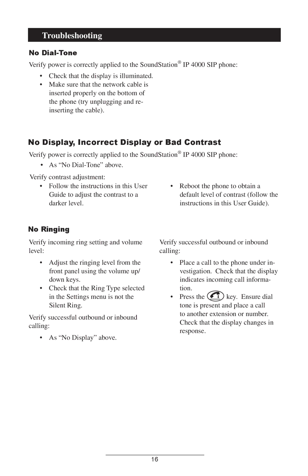 Polycom IP 4000 SIP manual Troubleshooting, No Display, Incorrect Display or Bad Contrast, No Dial-Tone, No Ringing 