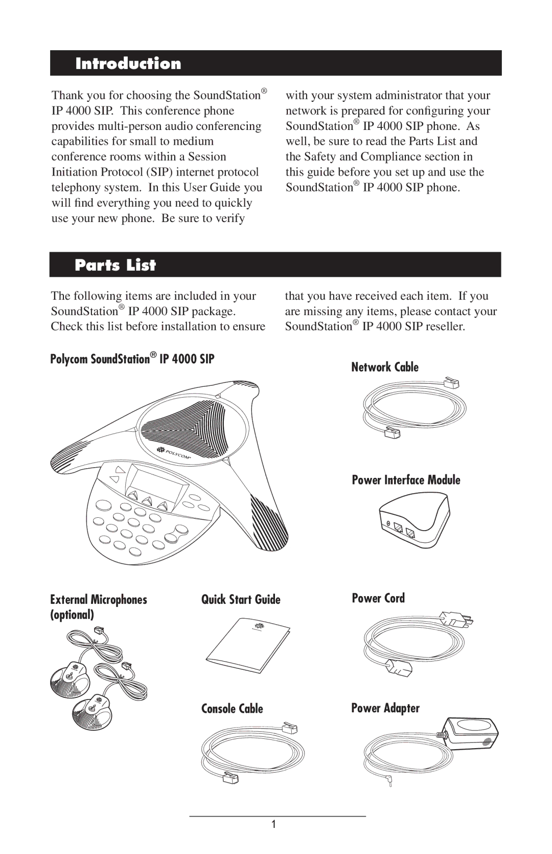 Polycom manual Introduction, Parts List, Polycom SoundStation IP 4000 SIP, Optional Console Cable 