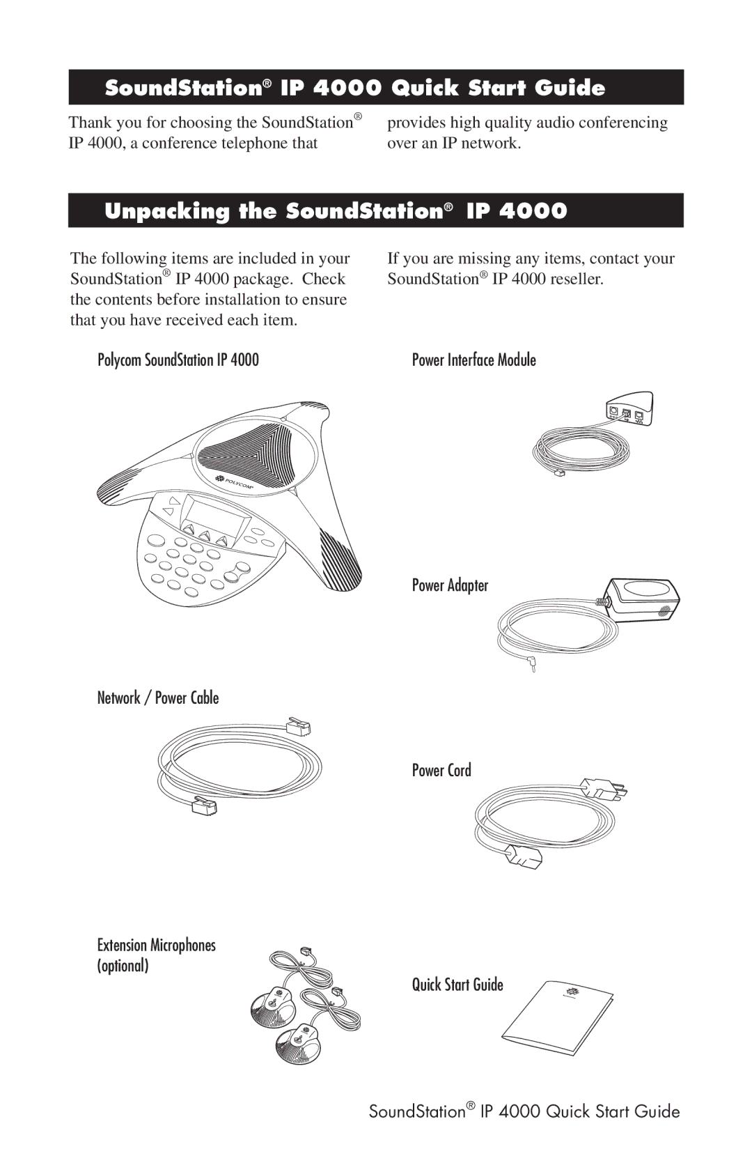 Polycom quick start SoundStation IP 4000 Quick Start Guide, Unpacking the SoundStation IP 