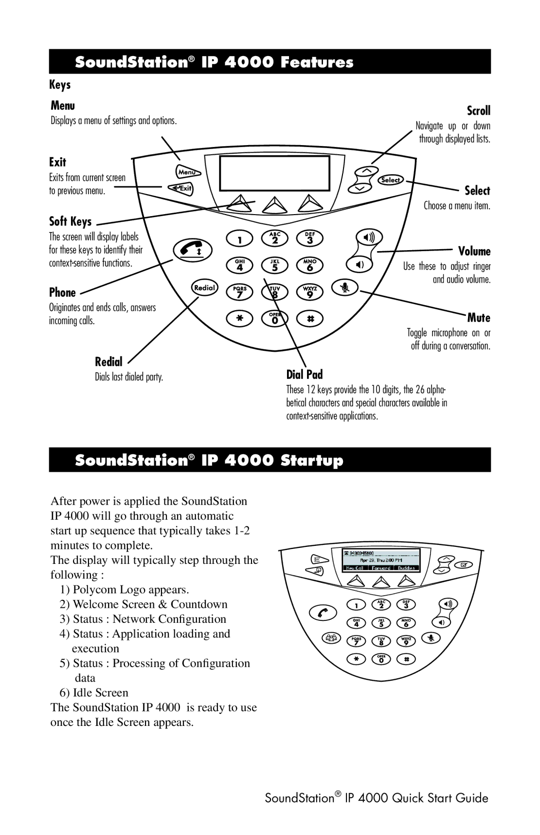 Polycom quick start SoundStation IP 4000 Features, SoundStation IP 4000 Startup 